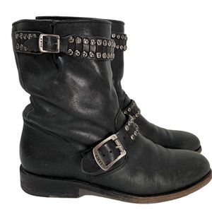 Frye Black Jayden Leather Moto Boots With Studded Straps